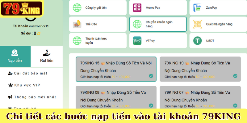 Chi tiết các bước nạp tiền vào tài khoản 79KING